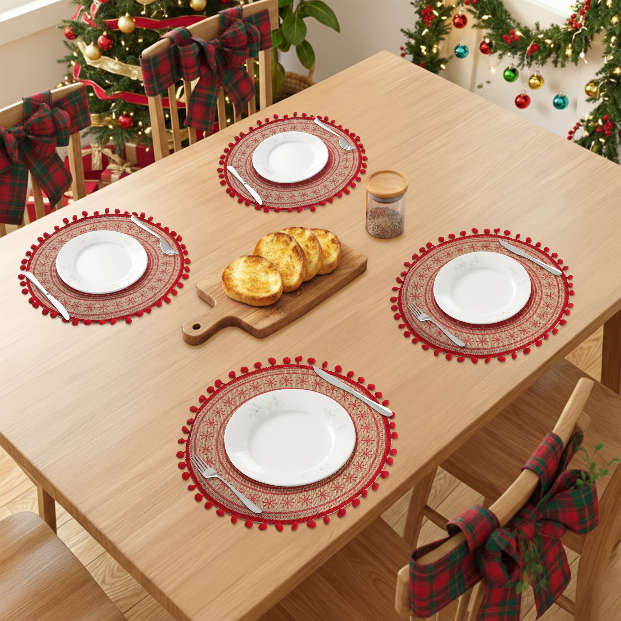 Unique Bargains Set of 6 Round Farmhouse Placemats for Dining Table Decor Red