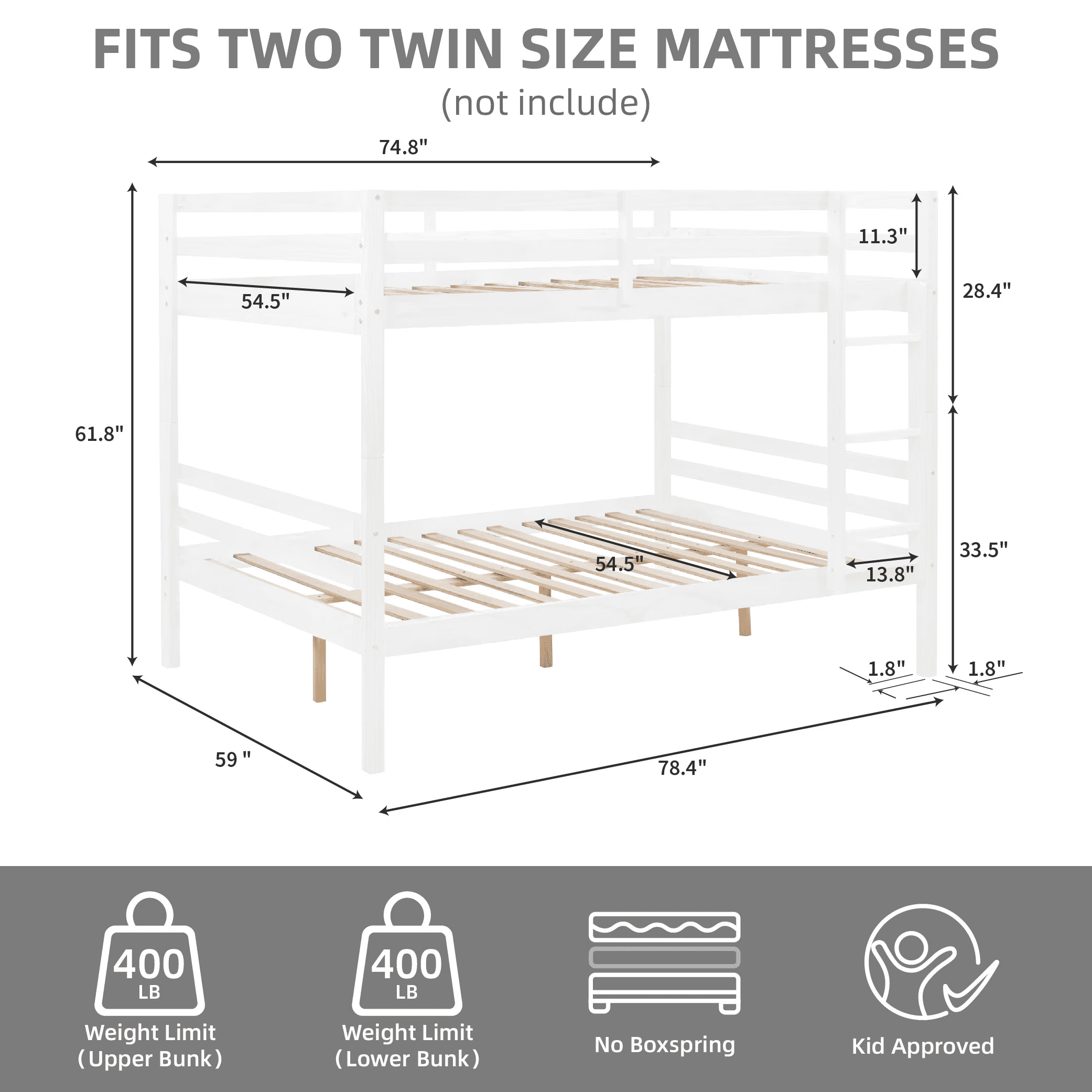 MAYEERTY Full over Full Bunk Bed with Ladder, Wooden Bed Frame with High Guardrail and Ladder for Kids, No Box Spring Needed, White