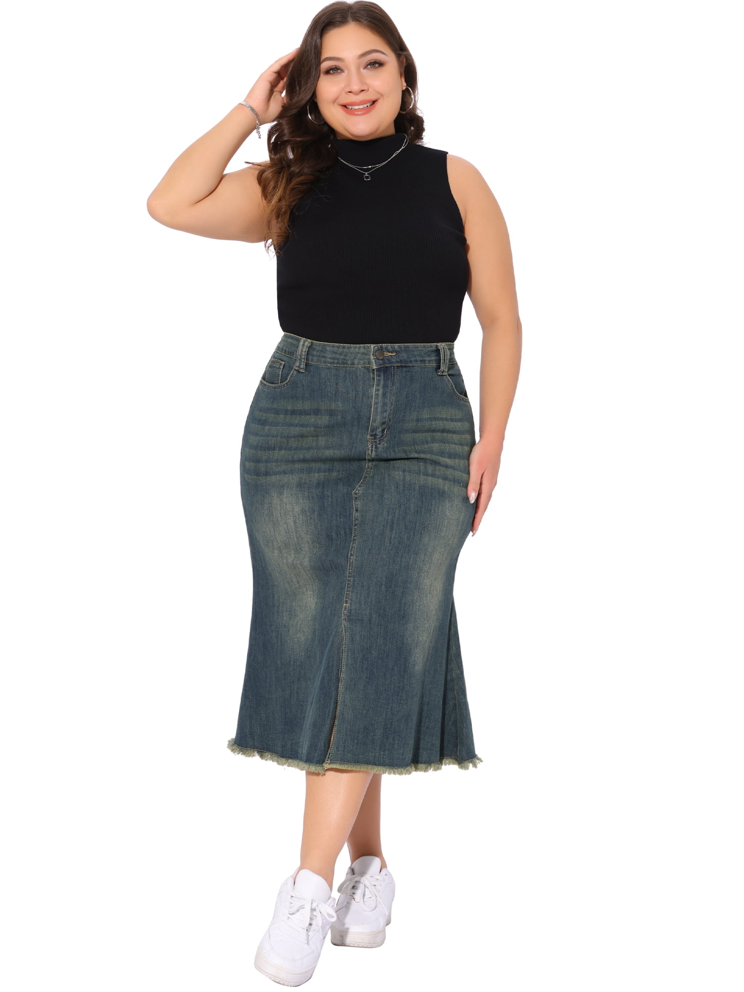 DARING DIVA Women's Plus Denim Fishtail Midi Jean Skirt with Pockets 4X Grey Blue