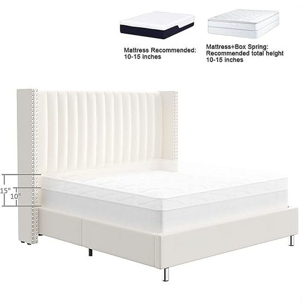 VanAcc King Bed Frame and Headboard Upholstered Wingback Bed with Vertical Channel Tufted Velvet/No Box Spring Needed/Easy Assembly/Cream