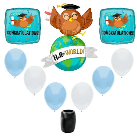 Congratulations Hello World Smart Owl Graduation 9pc Balloon Pack, Blue Brown