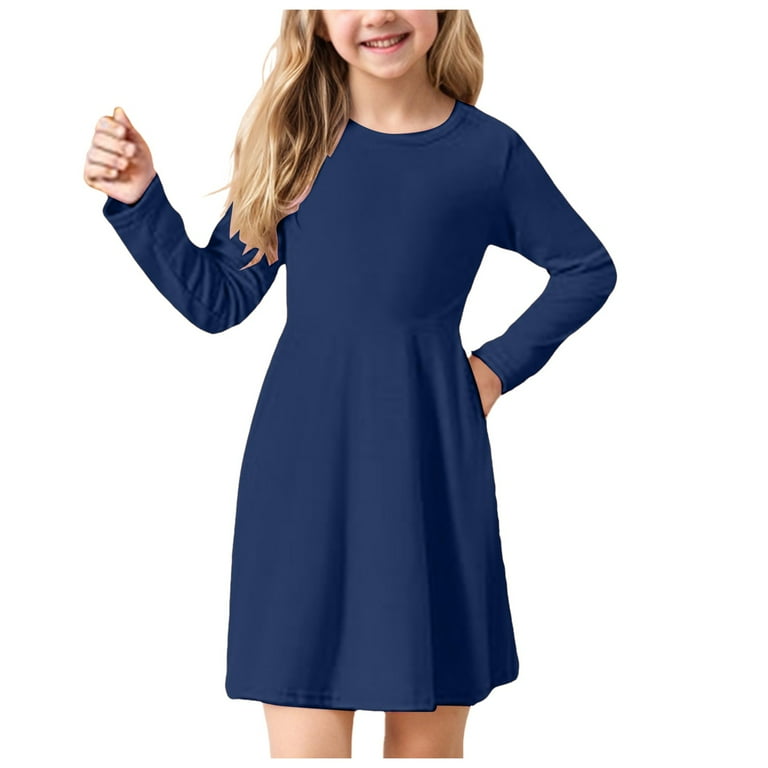 navy skater dress long sleeve Starry Garland On Navy Holiday Long Sleeve Skater Dress with Pockets