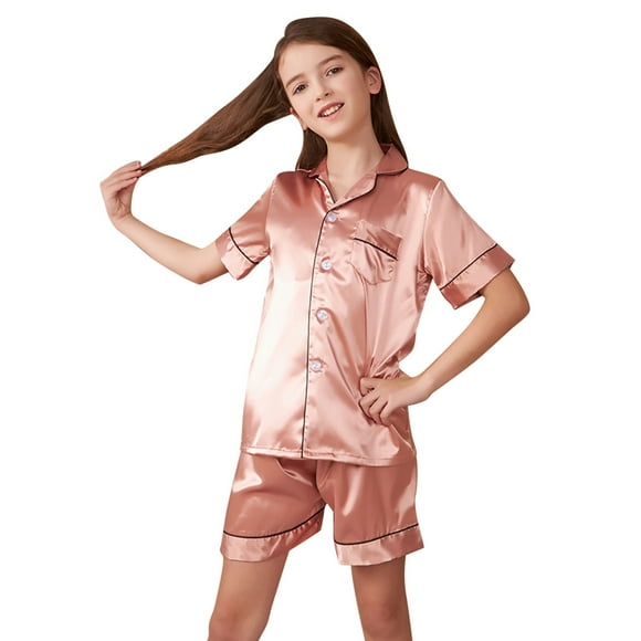 Toddler Outfits Girls Pajamas Set Satin Silk Short Sleeves 2 Piece Button Down Classic Shorts Clothes Girls Rose Gold 11 Years-12 Years