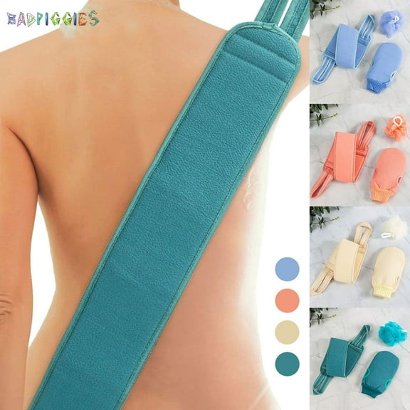 BadPiggies 3Pcs Exfoliating Back Scrubber Shower Bathing Set for Men Women, Loofah Sponge & Exfoliating Mitt Glove & Back Scrubber (Blue)