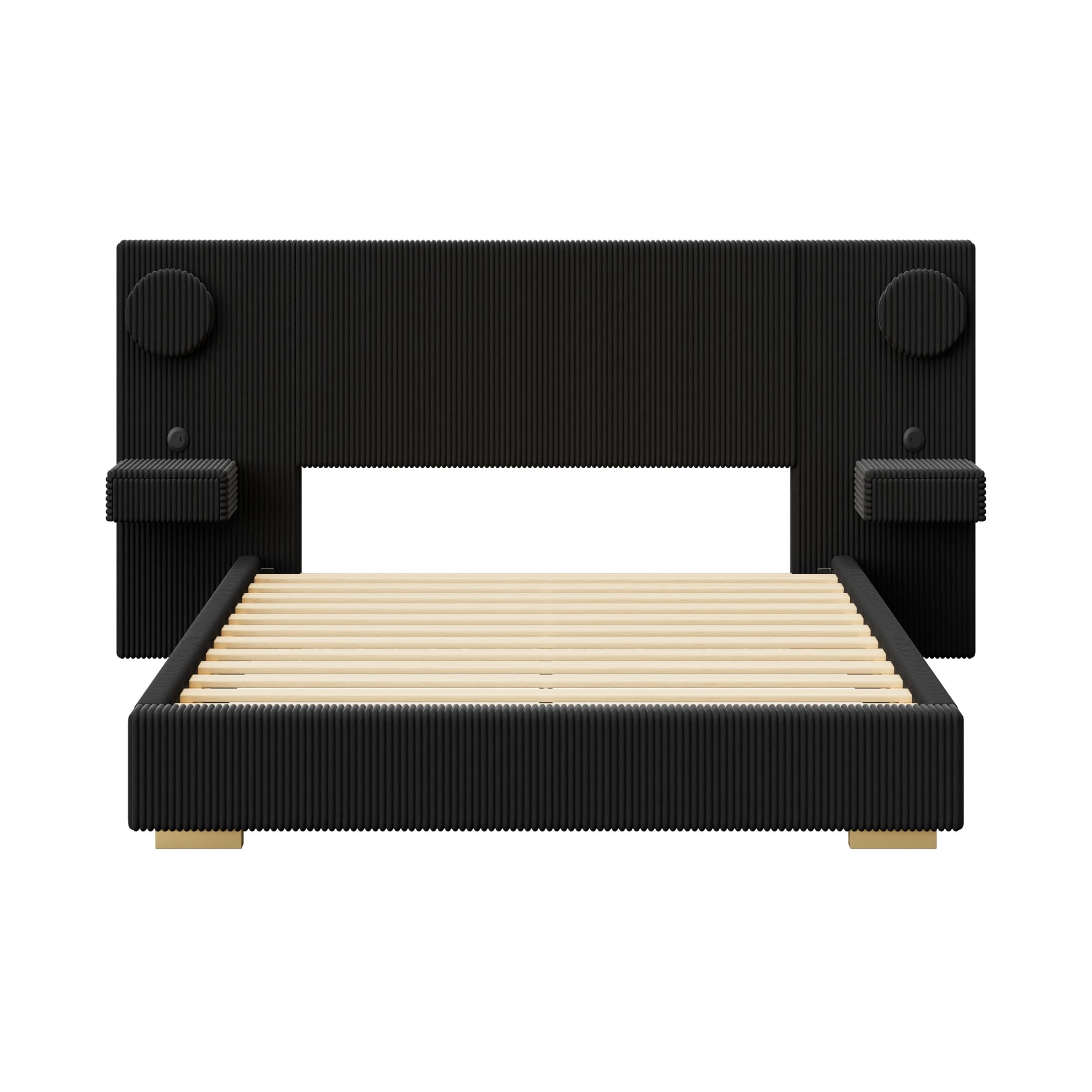 Noble House Dellas Queen Size Upholstered Platform Bed with LED Lights, Charging Ports & Side Storage Drawers, Black