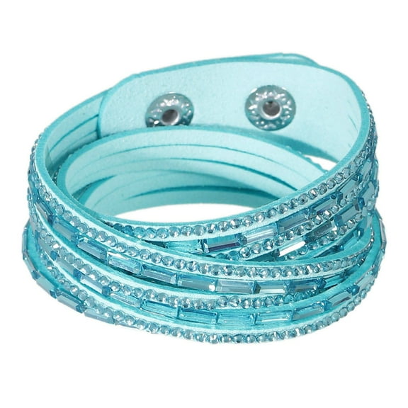 Sexy Sparkles Suede Velvet Multi Layer Wrap Women Teen Girls Bracelet with Rhinestones Mint Green Slake Button Clamp Adjustable