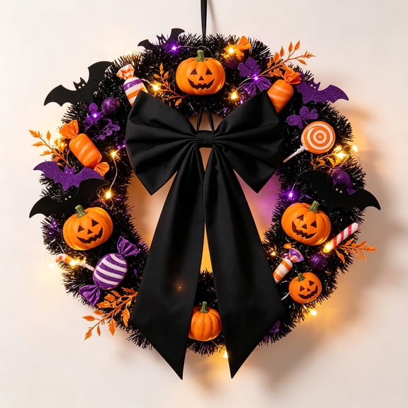 Halloween Door Wreath, Black Halloween Wreaths for Front Door with Bow Witch Ornaments Decorations