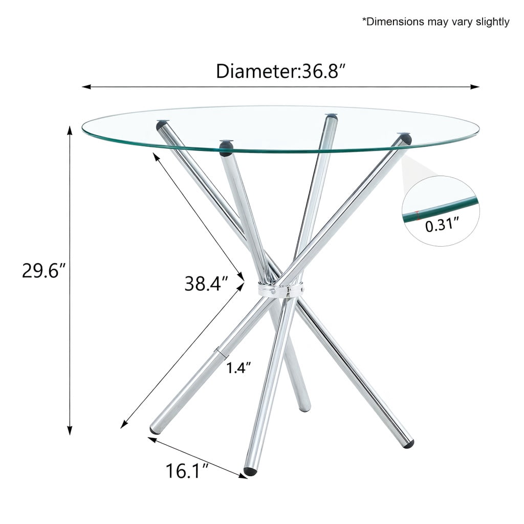 Hommoo Modern Round Clear Glass Dining Table for 4-6 People, 36.6" Diameter, Ring Metal Legs, Space-Saving Design for Dining Room, Kitchen, Balcony & Home Office, Silver