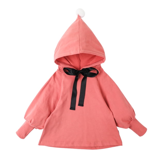 Sudadera con capucha para niña con pompón y manga abullonada con lazo de seda