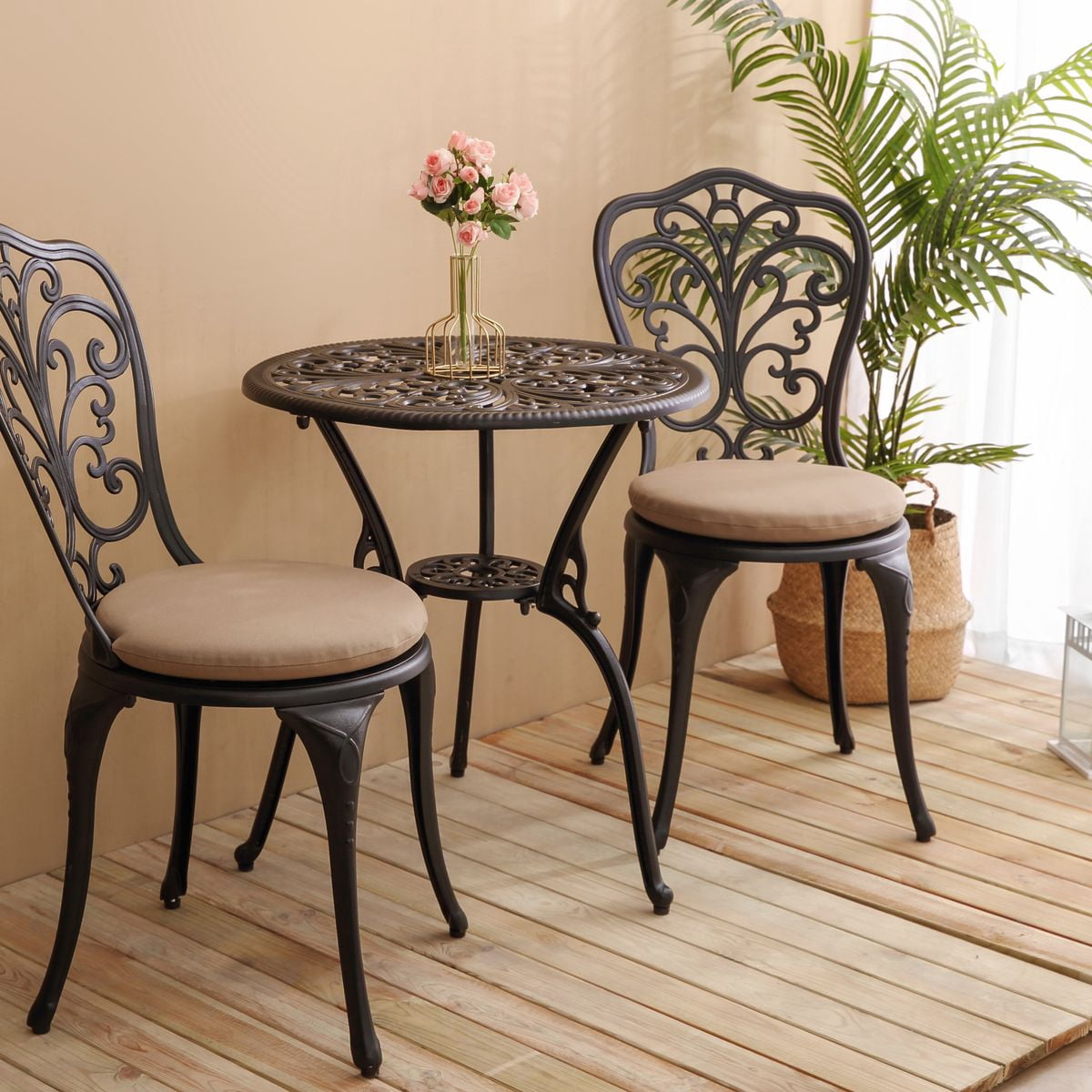 Sailvan 3-Piece Patio Bistro Set with Cushions, Cast Aluminum Outdoor Dining Furniture, Rust-Resistant Set for Yard, Black