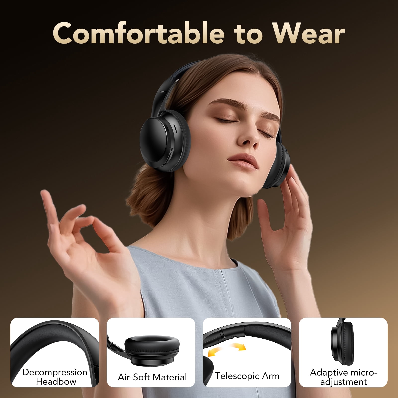Wireless Bluetooth Headphones 5.4, 40H Playtime with 3 EQ Modes, 4 Micrs ENC Noise Cancelling for Clear Calls, Bass Boosted by 85%, Comfort Fit, Over Ear Headphones for Travel Home Office PC Black thumbnail 8