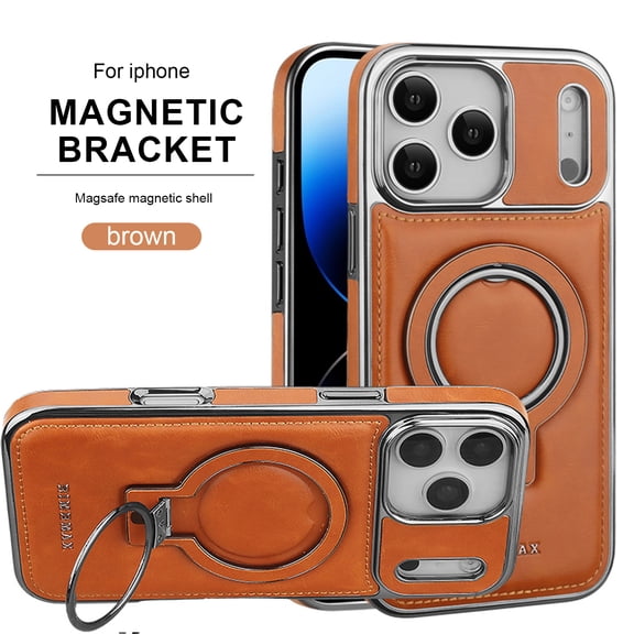 ELEHOLD Magnetic Ring Stand Case for iPhone 17 Pro Max Case, Luxury PU Leather Shockproof Non-Slip Magnetic Invisible Ring Stand Protective Phone Case for iPhone 17 Pro Max, Brown