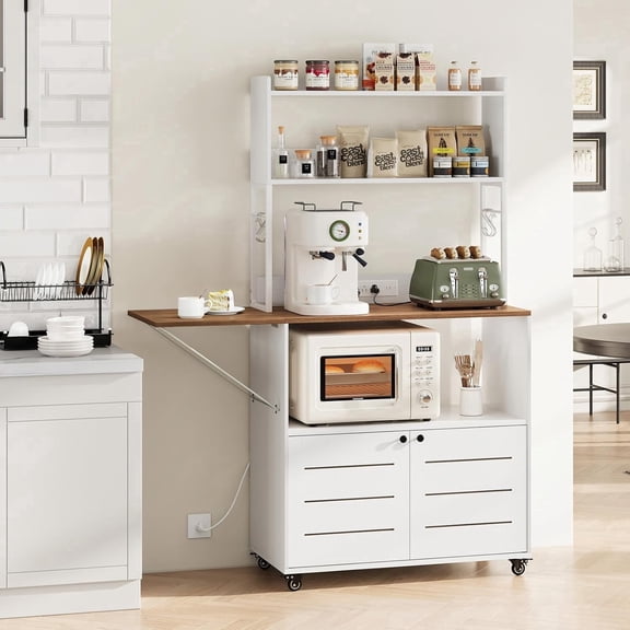 Vividwood Bakers Rack with Power Outlet and Storage, Farmhouse Kitchen Hutch with Cabinet, 5-Tier Mobile Microwave Stand with Foldable Side Table