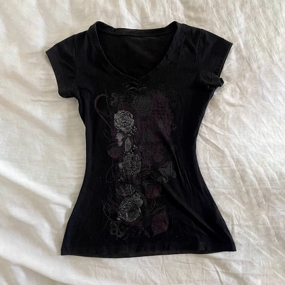 Women's T Shirts Retro Floral Print Elegant Slim Fit Waist Tee Top Basic Tees for Women Black L