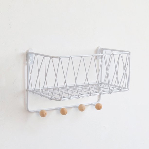 Wall Mounted Shelf Wire Rack Storage With Hooks Basket Key Hanging