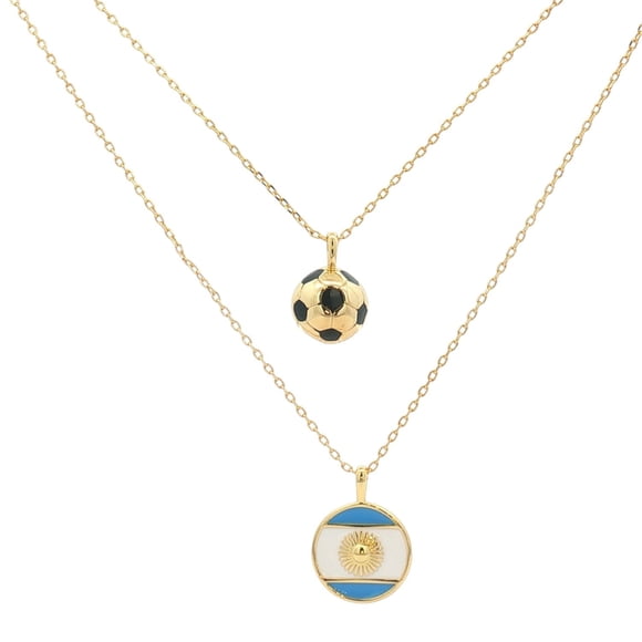 Cyra | Collar Doble para Mujer con Dije de Bandera de Argentina y balón Fabricado en Chapa de Oro y esmaltado, Color Dorado