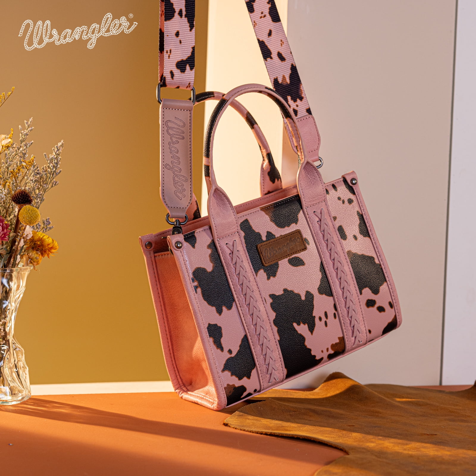 Wrangler Cow Print Tote Bag for Women Western Purse Boho Top Handle Satchel Handbag with Signature Strap, Cow-Pink