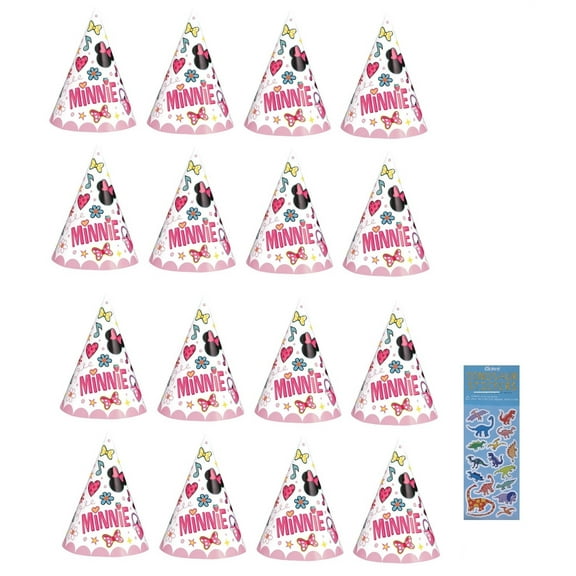 Disney Minnie Birthday Party Supplies Bundle Pack includes 16 Party Cone Hats and 1 Dinosaur Sticker Sheet