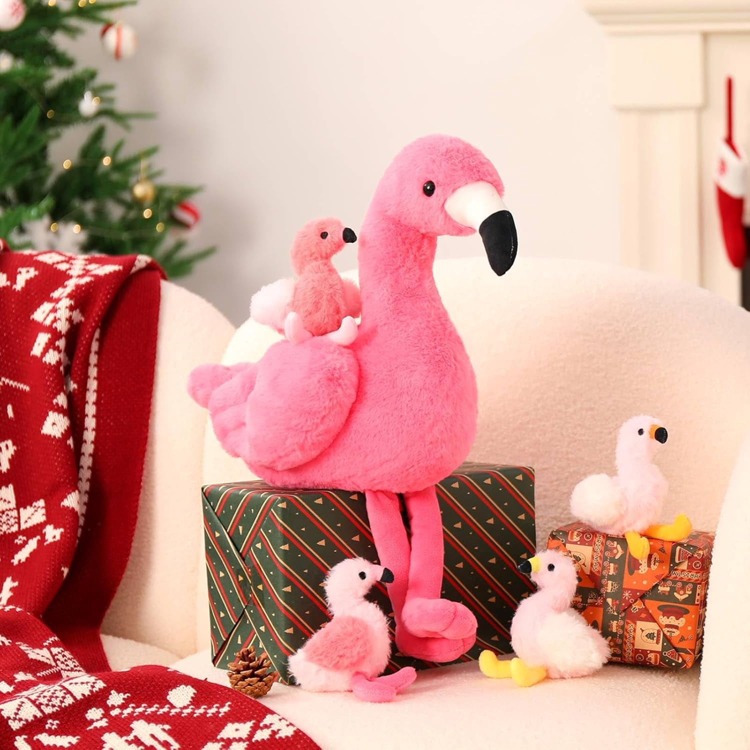 MorisMos 18'' Plush Flamingo Stuffed Animal Mommy Stuffed Flamingo with 4 Babies