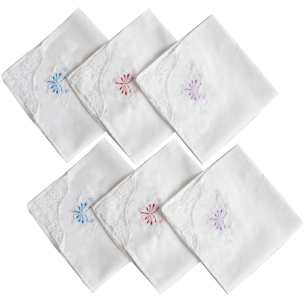 6pcs Cotton Handkerchiefs Lace Handkerchiefs Butterfly Embroidery
