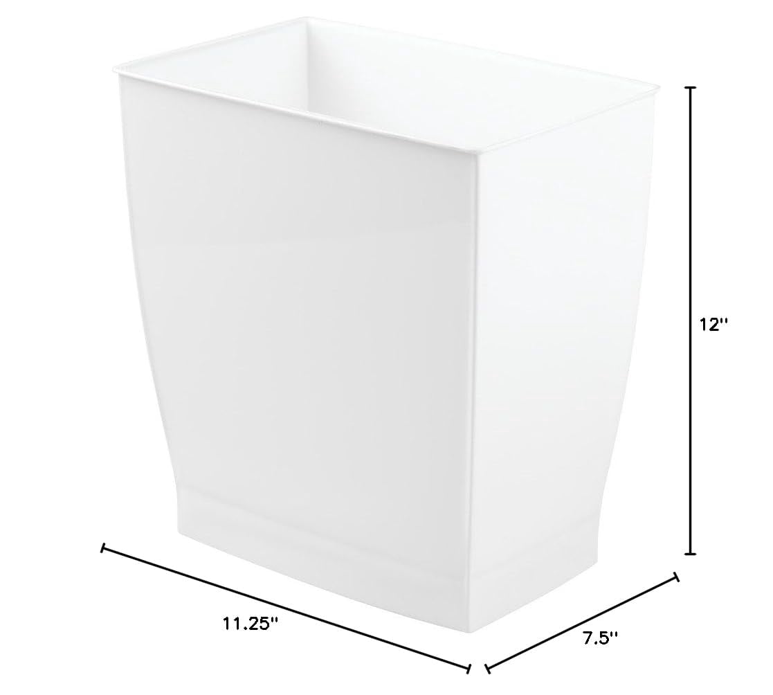 iDesign,Plastic Spa Rectangular Trash, Waste Basket Garbage Can for Bathroom, Bedroom, Home Office, Dorm, College, 2.5 Gallon, White