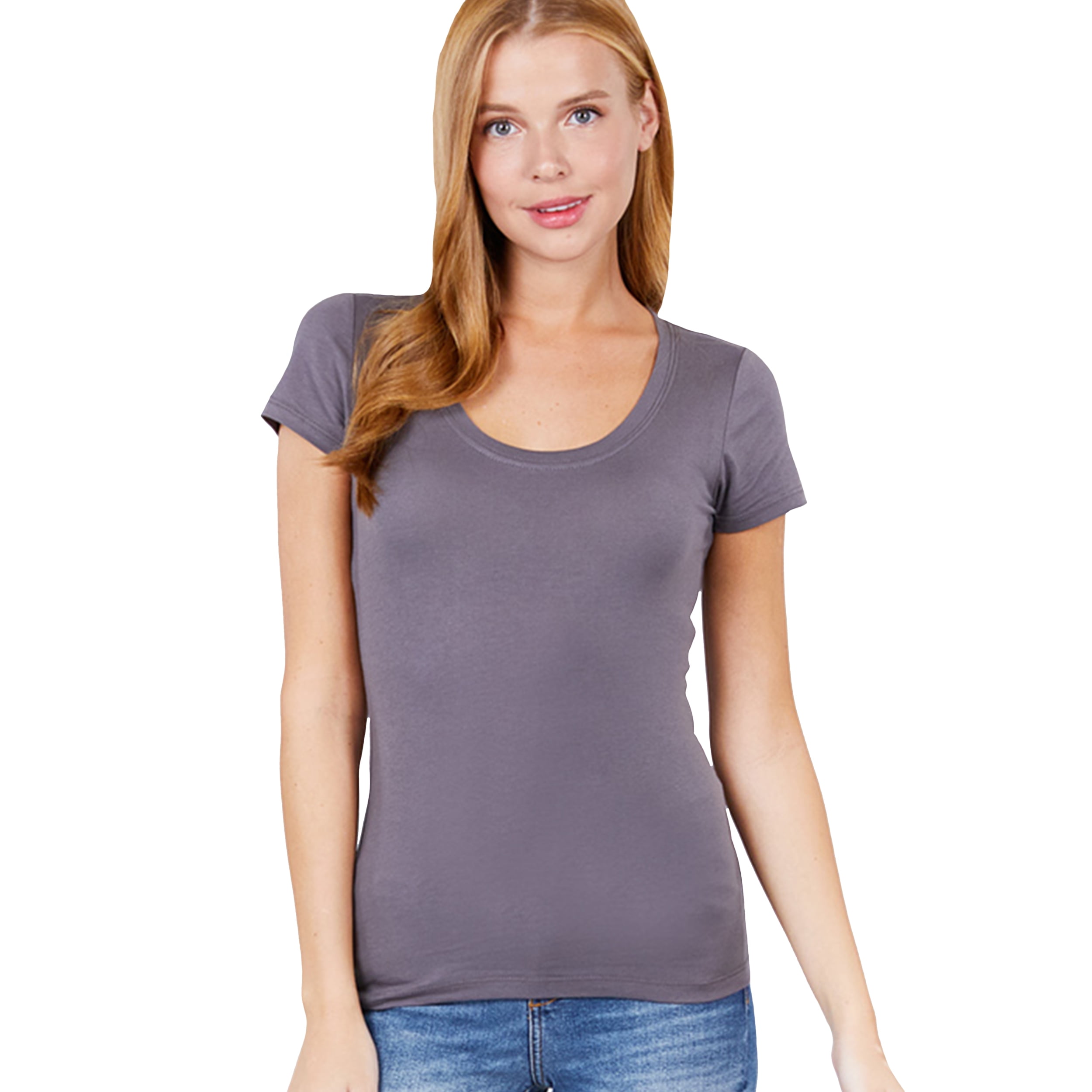 SNJ - Women's Solid Cotton Top Tee Basic Scoop Neck Short Sleeve Color ...