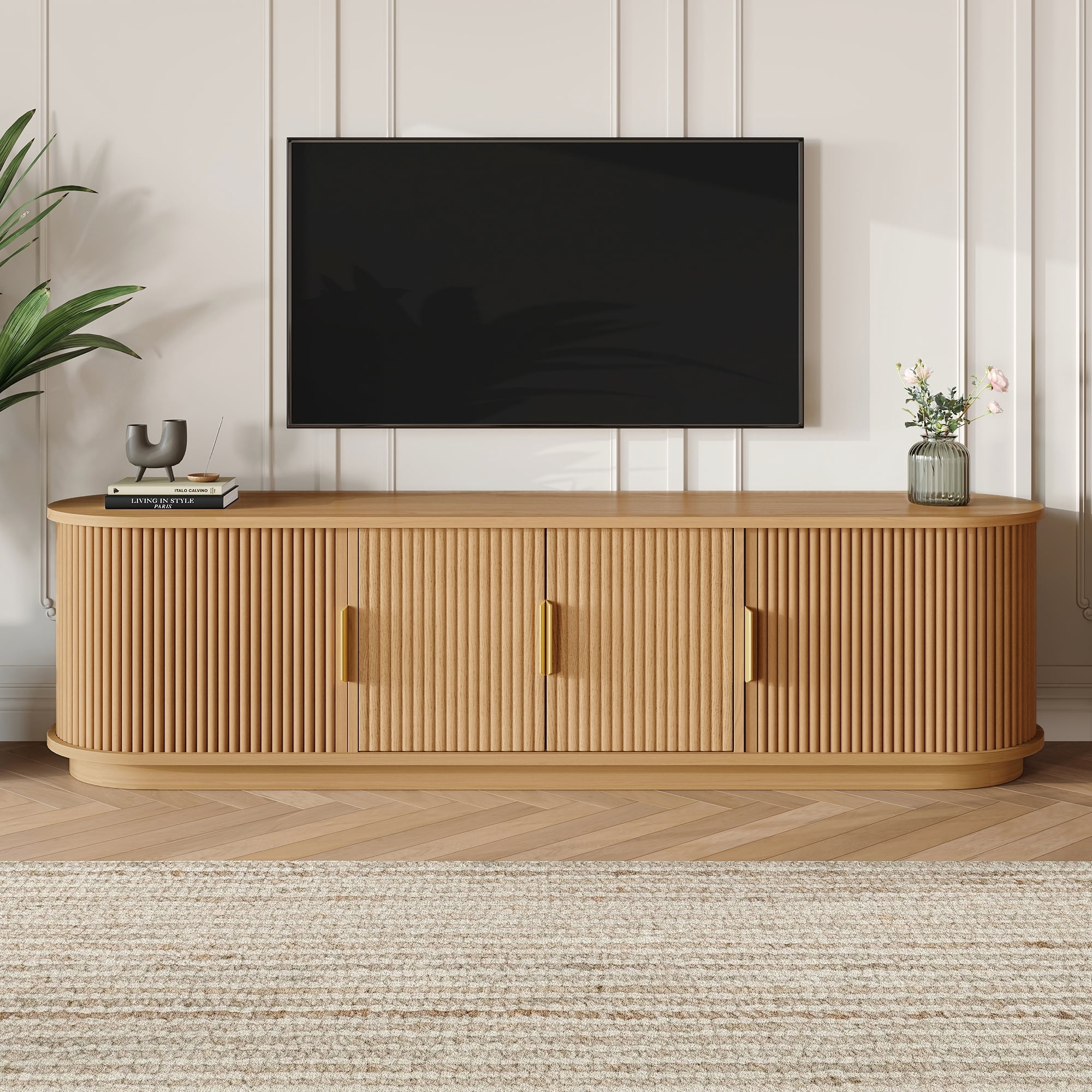 Miniyam Farmhouse Wooden TV Stand with Sliding Tambour Door for TVs up to 75", Fluted Media Console with Adjustable Storage, & Cable Holes for Living Room, Natural