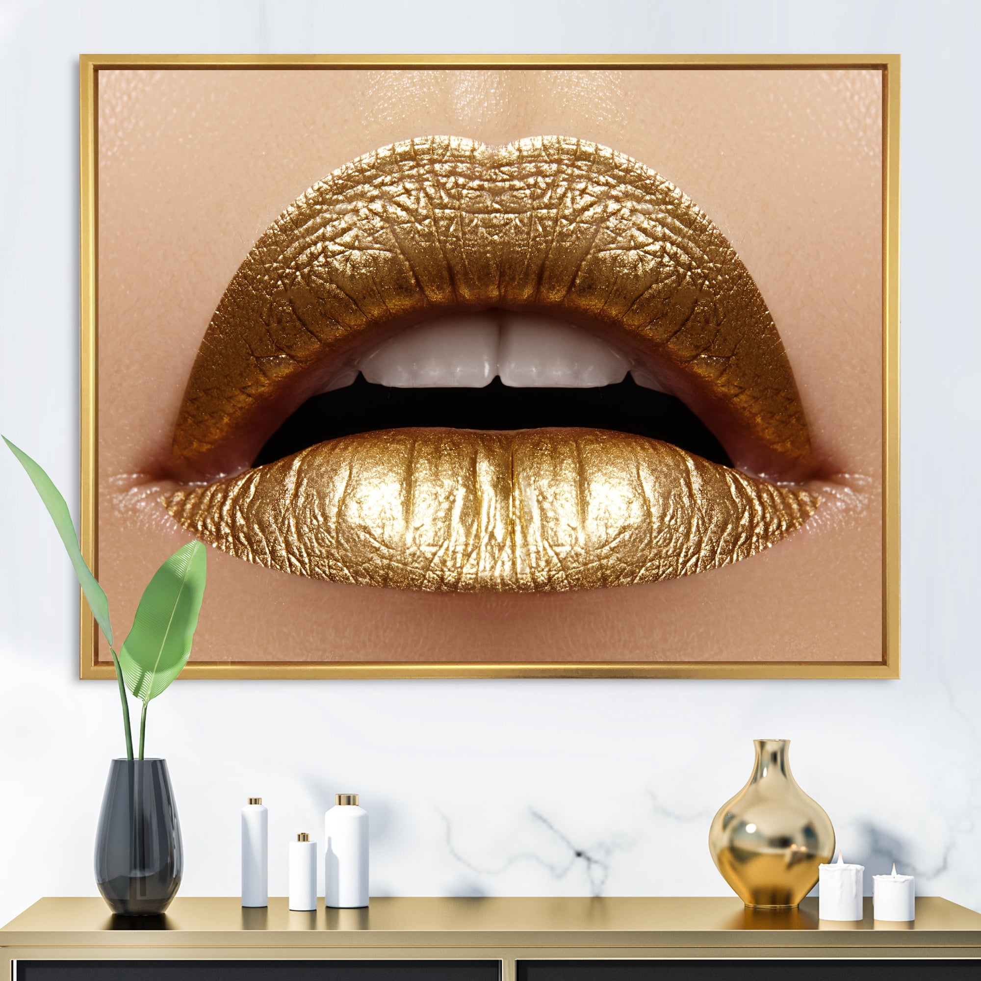 Designart 'Close Up of Woman Plump Lips With Golden Lipstick' Modern Framed Canvas Wall Art Print