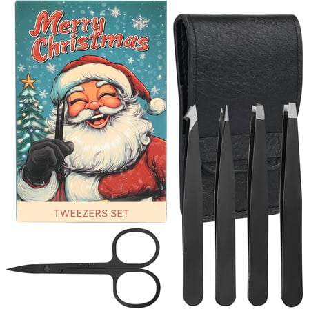 WarmHaven 5-Pack Stainless Steel Tweezers Set for Women with Curved Scissors, Great Precision for Facial Hair Removal and Splinter Removal, Stocking Stuffer for Women
