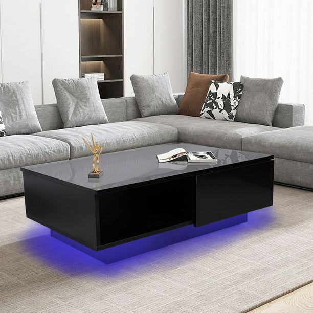 Led Light Rectangle Coffee Table, Modern Side Tables For Living Room With Storage
