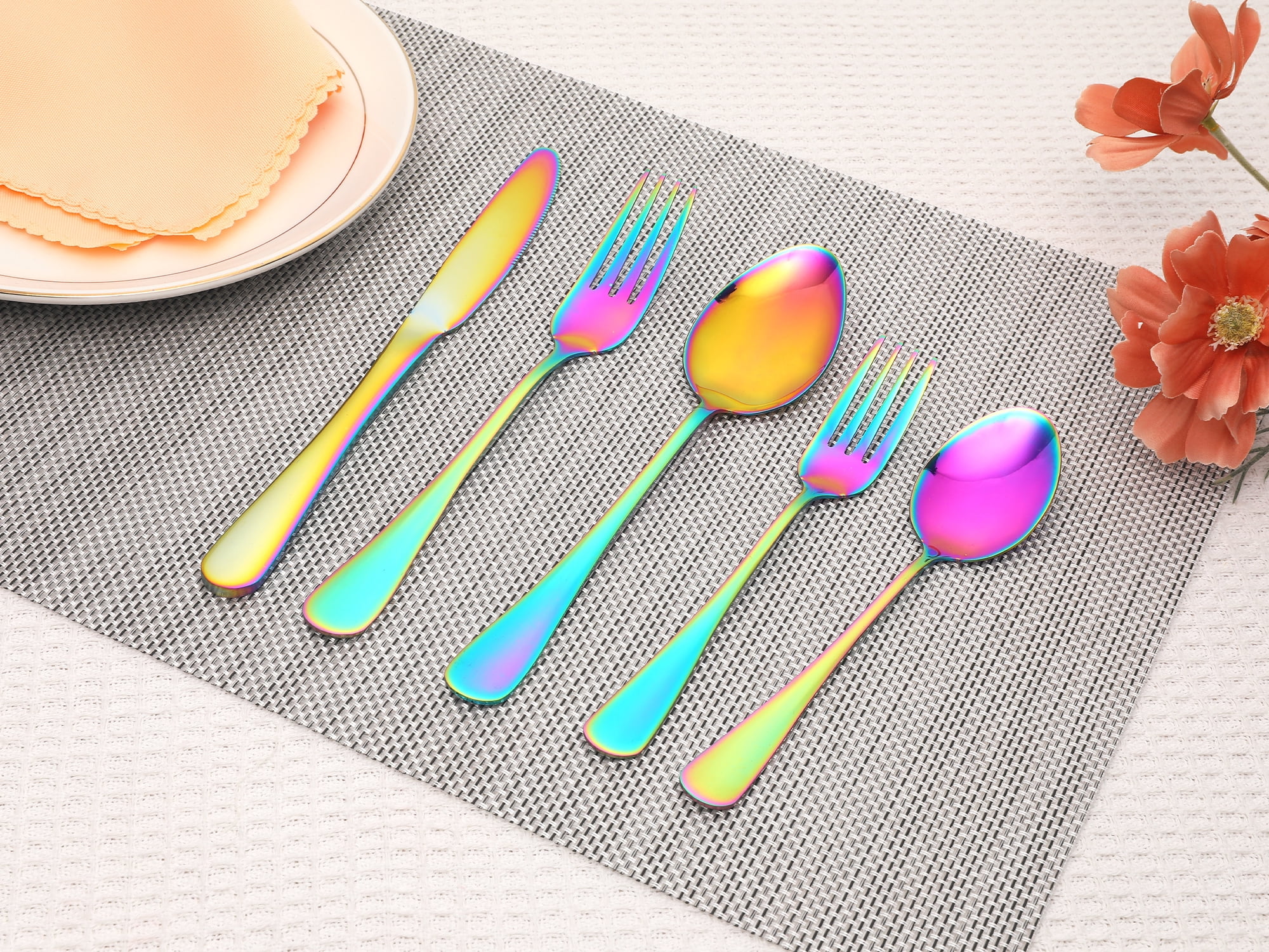 Unique Bargains Stainless Steel Flatware Set Mirror Polished Colorful 30 Pcs