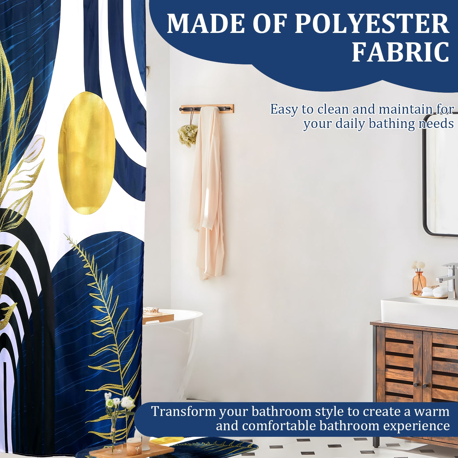 Dznils Boho Fabric Shower Curtain and Rug Sets, 16pc Modern Abstract Bathroom Sets, Blue, 72" x 72"
