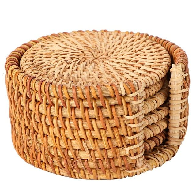 Rattan Cup Coasters, 6pcs Vintage Rattan Drinks Tea Cup Mats Coasters Round Teapot Insulation Mat Decoration Holder for Kitchen Table Drinks