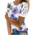thumbnail image 2 of ICHUANYI Clearance Women Ladies Printing Short Sleeve Round Neck Pullover Lace Tops Blouse(Purple, S) ICHUANYI WER2023081008413, 2 of 5