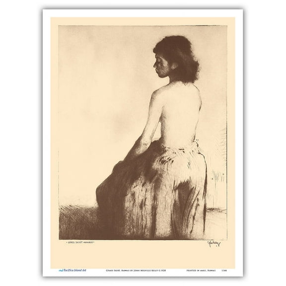 Grass Skirt Hawaii - Topless Native Girl - from Etchings and Drawings of Hawaiians - Vintage Drypoint Etching by John Melville Kelly c.1928 - Master Art Print (Unframed) 9in x 12in