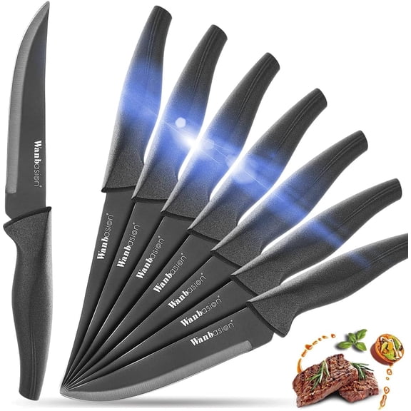 Wanbasion 8PCS Black Non Serrated Steak Knives Set, Steak Knife Set Dishwasher Safe, Sharp Steak Knives Set for Kitchen with Ergonomic Handles
