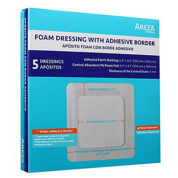 Areza Medical Foam Dressing with Adhesive Border 6.5" x 6.5" Five (5) Sterile dressings per box