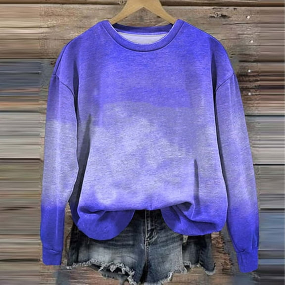 Womens Crew Neck Sweatshirts Casual Solid Color Long Sleeve Tops Casual Lightweight Loose Fit Pullover Tops Blue L