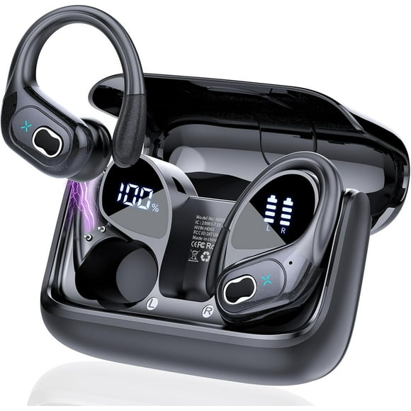 Auriculares Inalámbricos 75 Horas Bluetooth 5.3 Deportivos, Auriculares Estéreo 2024 Bluetooth Earbuds con Graves Profundos y Ganchos para las Orejas, Micrófono con Cancelación de Ruido, Auriculares Impermeables IPX7 para Entrenar/correr