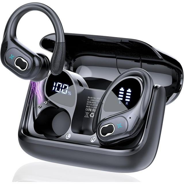 Auriculares Inalámbricos 75 Horas Bluetooth 5.3 Deportivos, Auriculares Estéreo 2024 Bluetooth Earbuds con Graves Profundos y Ganchos para las Orejas, Micrófono con Cancelación de Ruido, Auriculares Impermeables IPX7 para Entrenar/correr