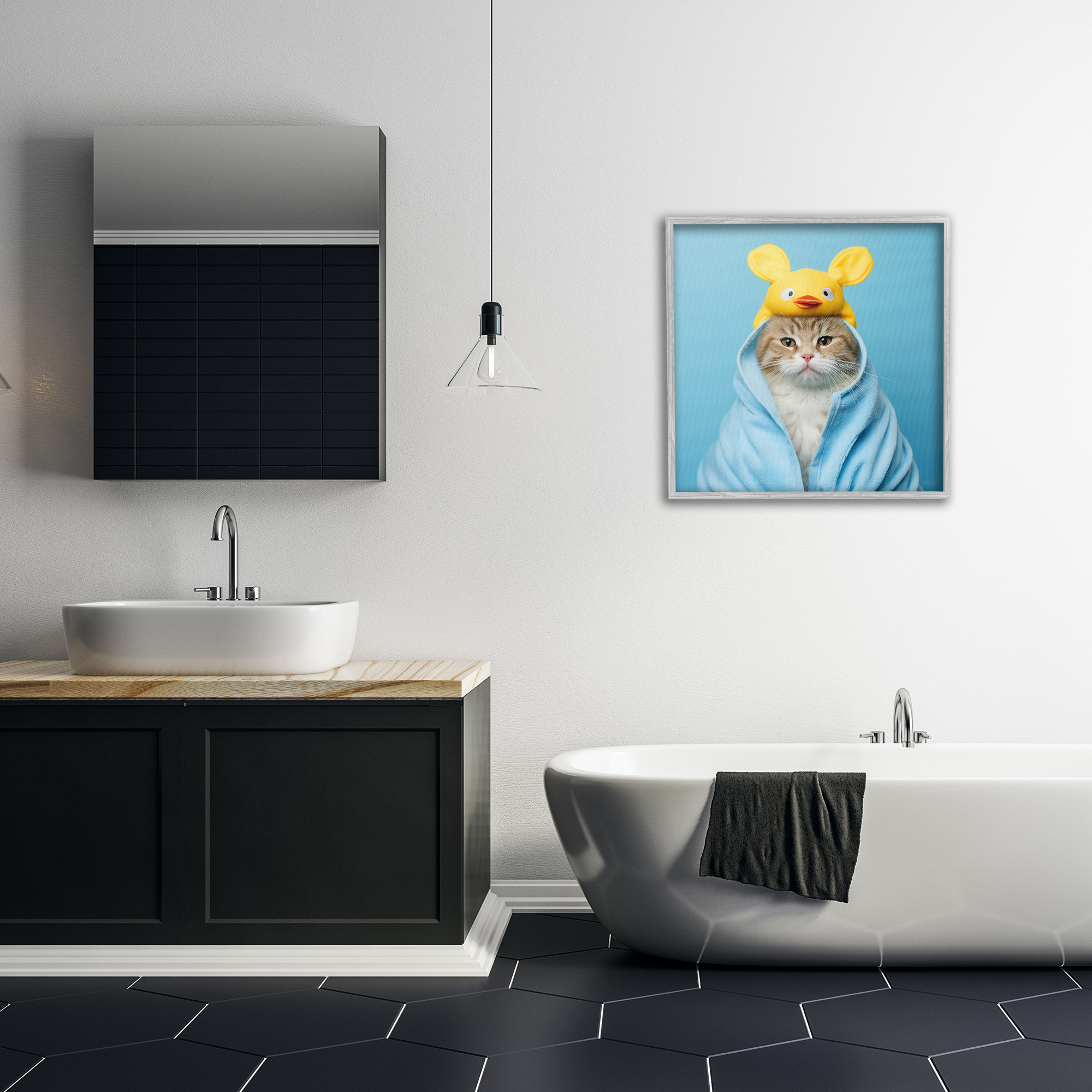 Stupell Industries Cat in Cozy Bathrobe Animals & Insects Painting Gray Framed Art Print Wall Art, 24 x 24