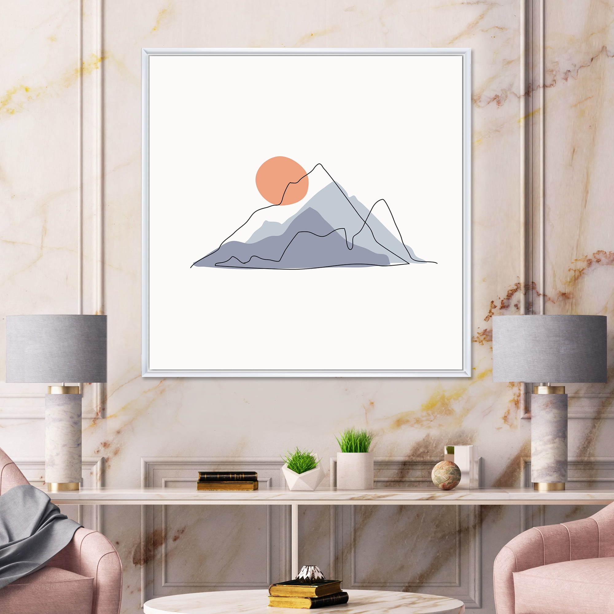 Designart 'Abstract Red Moon With Mountainscape' Modern Framed Canvas Wall Art Print