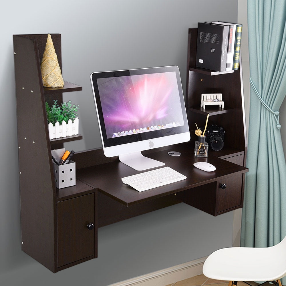 Wall Mounted Computer Desk Floating Wood Laptop Study Table Shelves Home Office 
