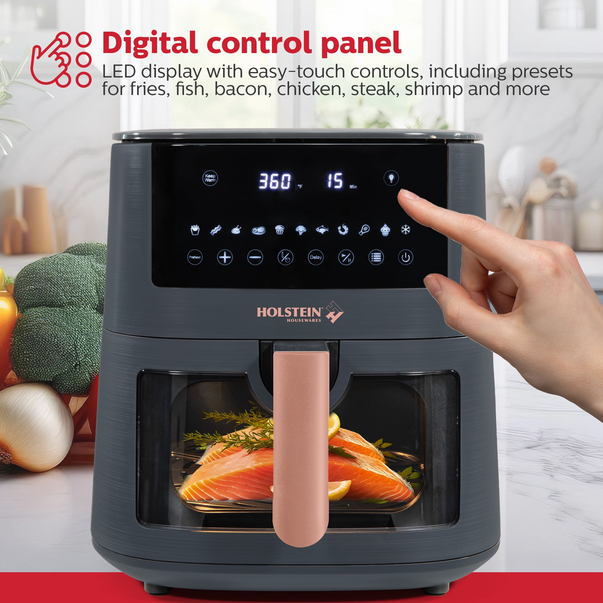 Holstein Housewares 7.6QT DIGITAL AIR FRYER ROSE GOLD – Large Capacity, LED Touchscreen, Viewing Window, 11 Presets, Preheat & Keep Warm Functions, Hot Air Technology for Healthier Cooking