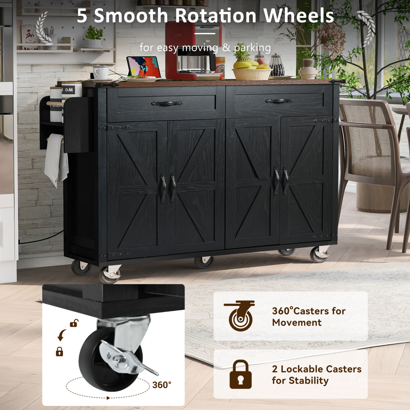 Kitchen Island with Drop Leaf and Power Outlets, Portable Rolling Kitchen Cart  with Large Storage Cabinets & Adjustable Shelf, 47.2'' Island Table with Spice Rack & Towel Rack, Black