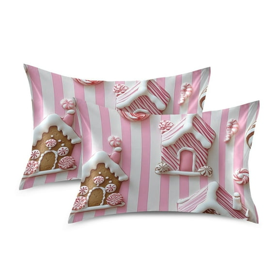 Yayeee Pillowcase Standard Size Set of 2 Satin Wrinkle Resistant Pillow Case, Pink Gingerbread Houses
