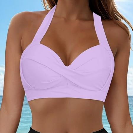 Rrunsv Women s Halter Underwire Twist Front Bikini Top V Neck Push Up Swim Top Only Bra Padded Swimsuit Top 2025 Bathing Suits Tops Women Full Coverage Swimsuit Top Only Light Purple S
