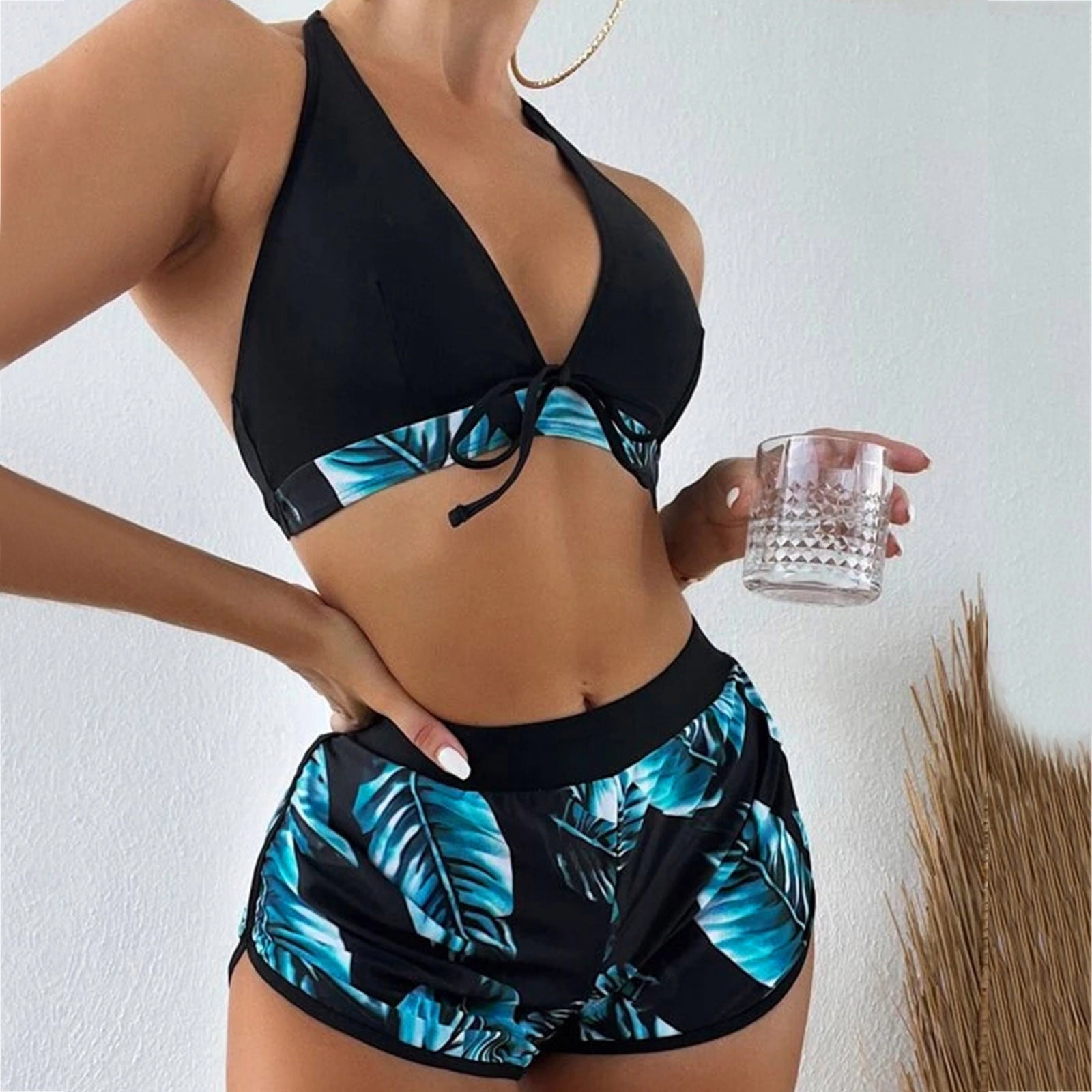Tankini&nbsp;Tops Color 3Pack Tropical Print Halter Bikini With Shorts Split Push Up Three Piece Beachwear Tummy Control Swimwear - Walmart.com