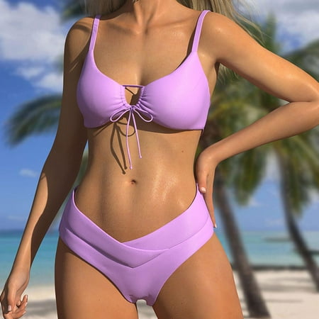 Odbmxy Camisole Womens Bathing Suits 2 Piece Bikini Womens Swimsuits Plus Size Beachwear Lace up Bralette Swimwear Purple M