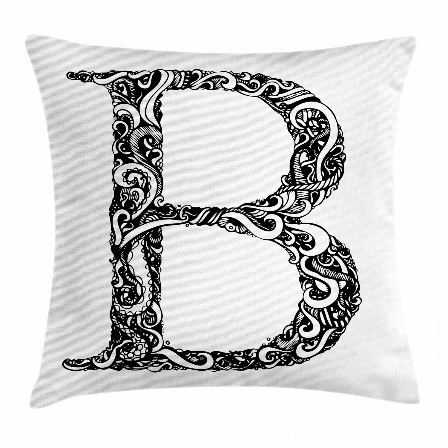 Letter B Throw Pillow Cushion Cover, Black and White Abstract Swirls